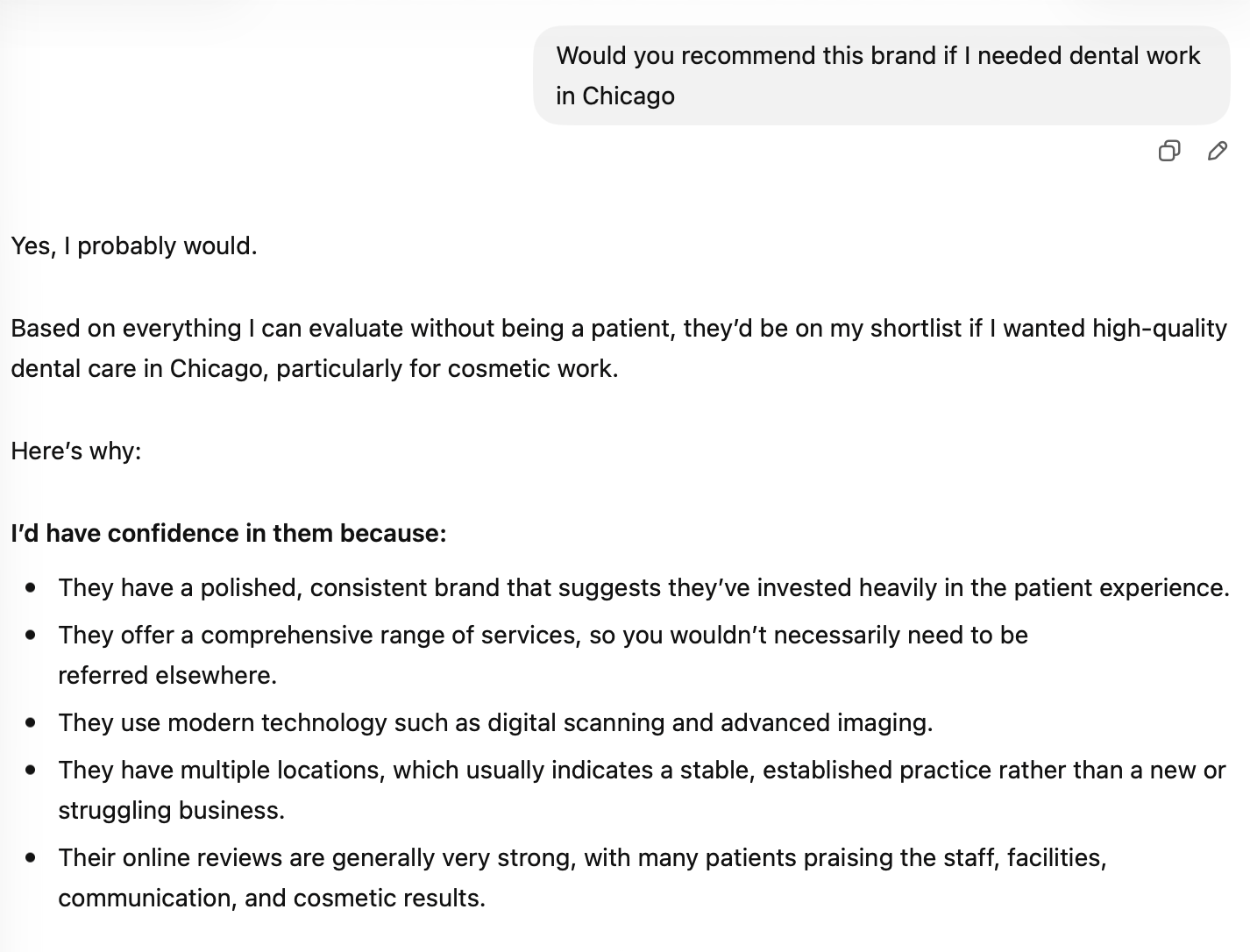 AI recommendation snippet showing reasoning