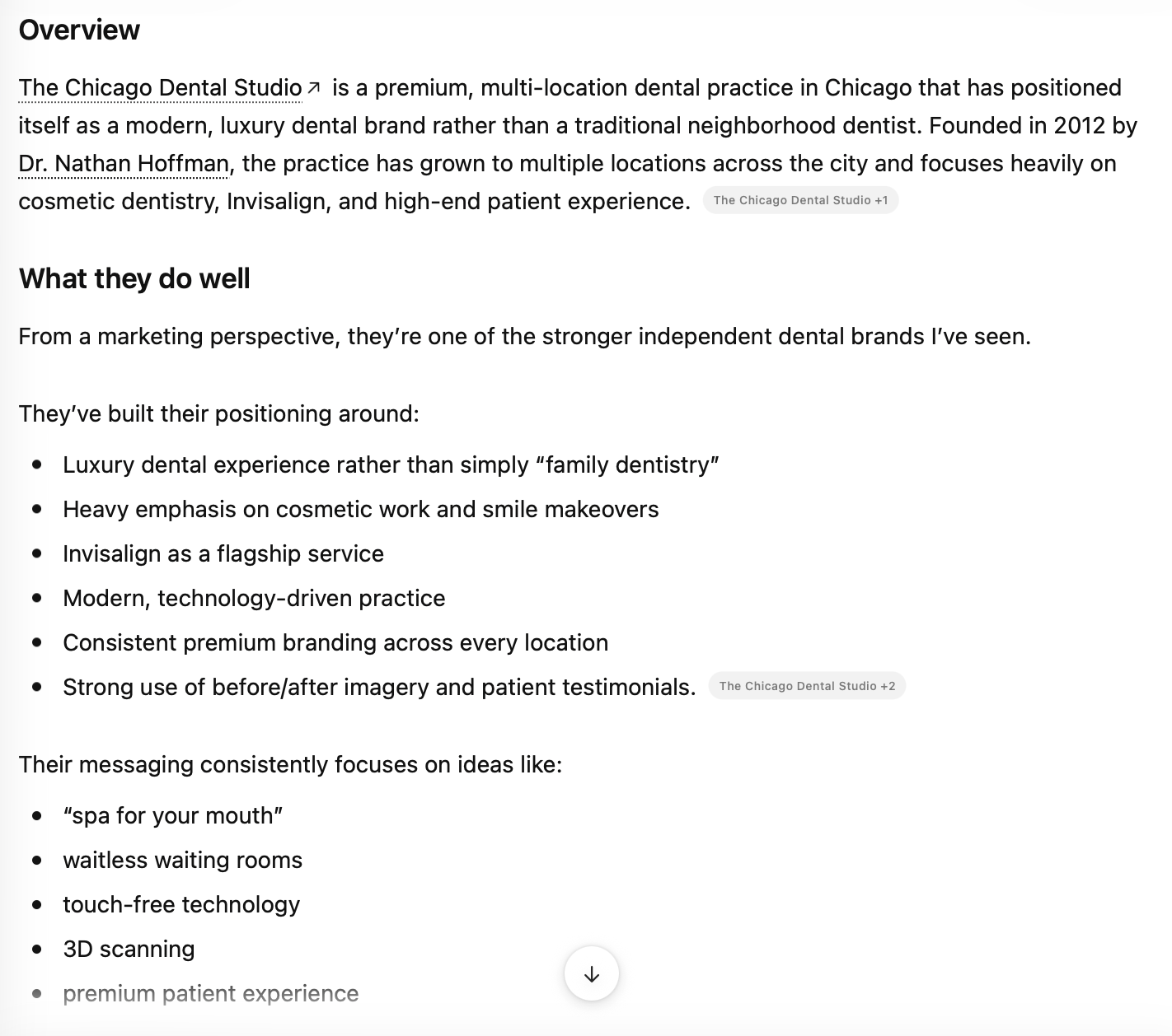 ChatGPT summarising a business overview