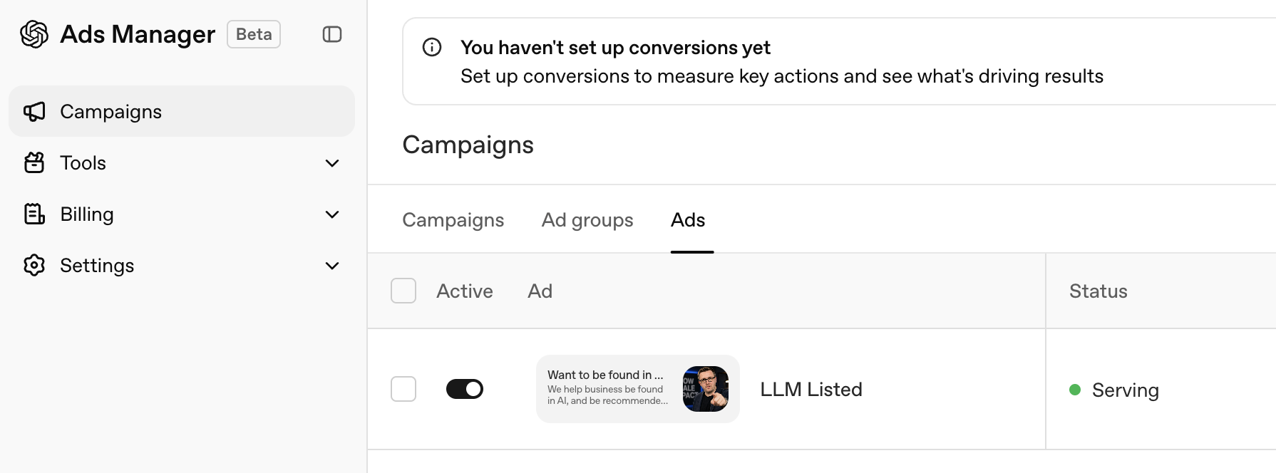 ChatGPT Ads Manager dashboard showing the Campaigns view with an active LLM Listed ad