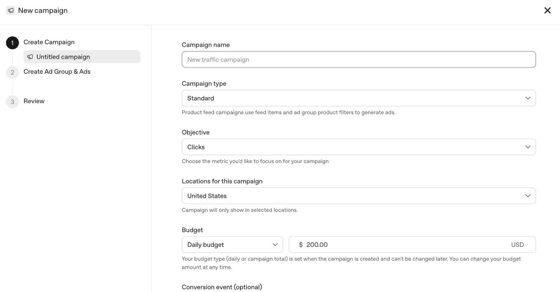 ChatGPT Ads new campaign setup with campaign name, type, objective, location and budget fields